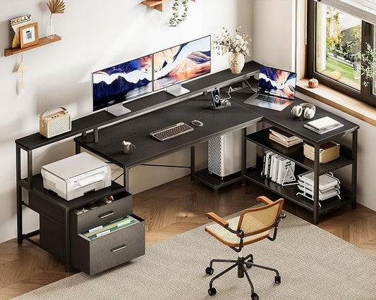 ODK 75" L Shaped Desk with File Drawers, Work from Home Office Desk with Power Outlet, Reversible Computer Desk with Storage Shelves, Gaming Desk with Monitor Shelf, Corner WFM Table, Black
