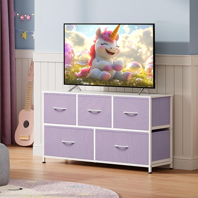 WLIVE Dresser for Bedroom with 5 Drawers, Wide Chest of Drawers, Fabric Dresser, Storage Organizer Unit with Fabric Bins for Closet, Living Room, Hallway, Purple