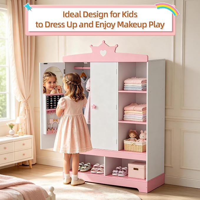 Kids Dress Up Storage with Hidden Jewelry Armoire, Wooden Princess Pretend Play Closet Wardobe Center with Mirror, Toddler Armoire Organizer with Hanging Area & Shoe Cubbies, Pink/White