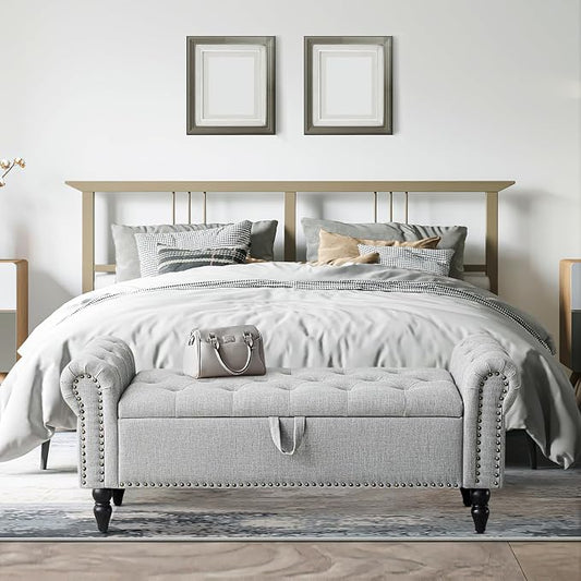 Furniliving 51” Bedroom Bench, End of Bed Bench with Button-Tufted Large Upholstered Storage Bench Ottoman Linen Window Benches with Storage Shoe Cabinet, for Bedroom, Entryway, Closet, Grey