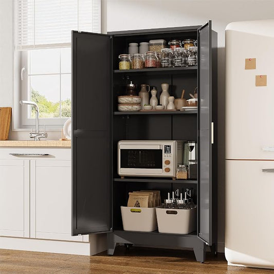 61”H Metal Kitchen Pantry Cabinet, Pantry Cabinets with 2 Doors and 3 Shelves, Kitchen Cabinet for Kitchen, Dining Room, Living Room and Bathroom, Black