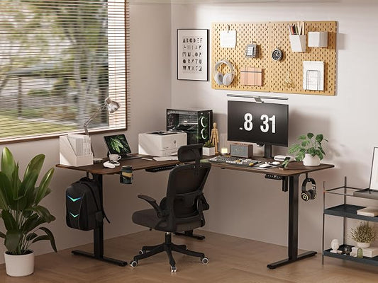 WALKINGDESK 75x61 Inches Reversible L Shaped Standing Desk Height Adjustable with Cup Holder, Electric Corner Computer Workstation for Home Office, Ergonomic Sit Stand up Gaming Desk, Black Walnut