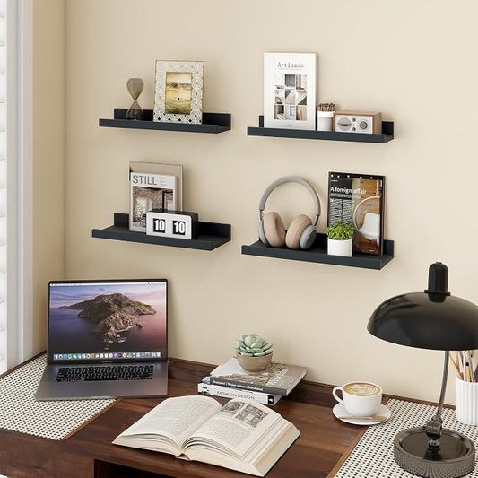 Axeman Black Picture Ledge Shelf Set of 4, 16'' Floating Shelves with Lip | Rustic Black Wood Picture Shelves for Wall with Ledge, Wall Shelves with Lip for Photos Nursery Books