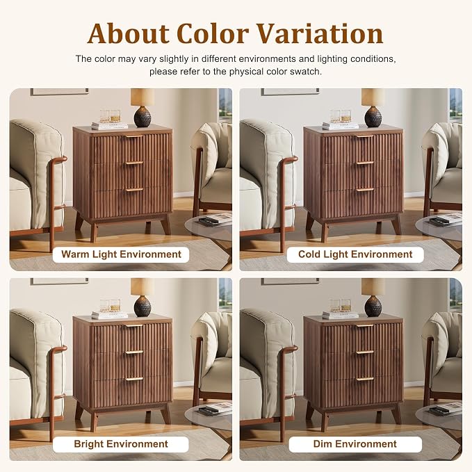 LYNCOHOME Fluted Nightstand with 3 Drawers, Modern Wood Chest of Bedside Table with Curved Profile, Fluted Dresser Organizer for Bedroom,Walnut