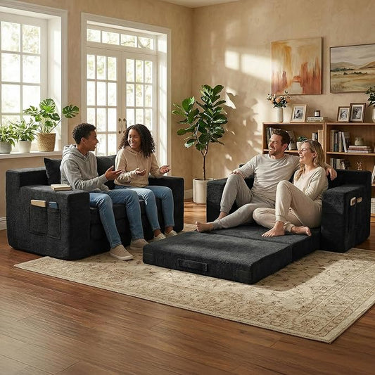 Boneless Loveseat Sofa Bed, Tri-Folding Convertible Futon Sleeper with Handle & Side Pockets, 54'' Boneless Couch with Hook and Loop No Assembly for Small Space,Living Room & Bedroom