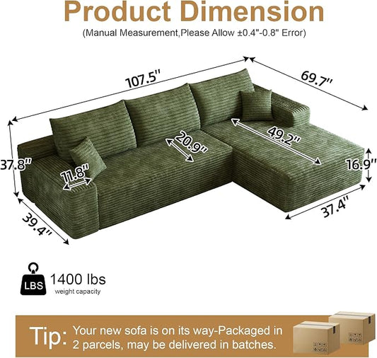 AUGOP 108" Sectional Couches for Living Room Modern Modular Sofa with L-Shape Couchs Upholstered Boneless Couch Deep Seat Sectional Couch with Chaise (Green, 108" Right Facing Chaise+2Seaters)