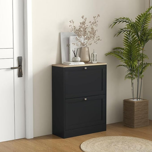 HOMCOM Shoe Storage Cabinet with 2 Flip Drawers, Wooden Freestanding Shoe Organizer with Adjustable Shelves for Entryway, Hallway, Black