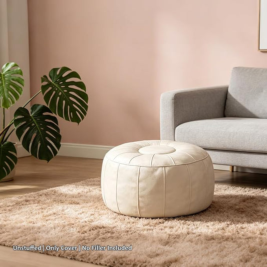 Thgonwid Unstuffed Moroccan Storage Pouf Foot Stool Ottoman Seat, No Filler Included, Handmade Faux Leather Bean Bag Floor Chair Foot Rest for Living Room, Bedroom or Balcony, Ivory White