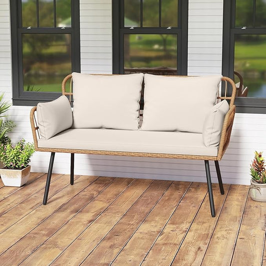 Tangkula Patio Wicker Loveseat, Outdoor 2-Seater PE Rattan Sofa with Pillows, Cushions, Metal Frame & Adjustable Foot Pads, 800 lbs Outside Couch for Porch, Backyard & Poolside (Off White, 50.5" L)
