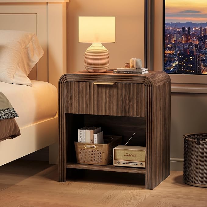 Decofy Fluted Nightstand with Charging Station, Modern Bedroom Side Table with Gold Handles, Curved Profile Design, End Table Wood Organizer for Bedroom, Open Shelf & 1 Drawers (2 Pack, Walnut)