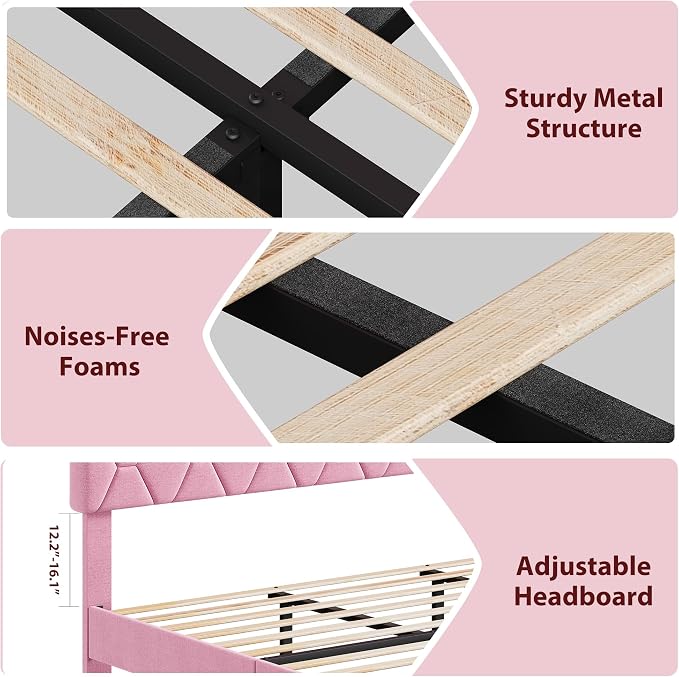 GAOMON Bed Frame with Upholstered Headboard, Heavy-Duty Platform Bed Frame with Strong Wood Slats, No Box Spring Needed/Noise Free/Easy Assembly,King,Pink