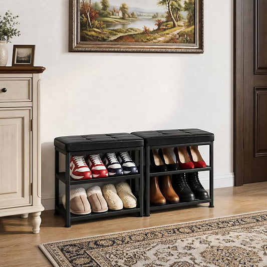 Small Shoe Storage Bench with PU Leather Seat Cushion, 3-Tier Freestanding Shoe Rack Organizer for Entryway, Heavy-Duty Metal Mesh Shelves, Supports Up to 300 lbs, Black (15.7"x11.4"x17.5")