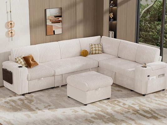Vipbear 111" Modular Sectional Sleeper Sofa with Pull Out Bed, 7 Seat Corduroy L Shaped Couch with Ottoman|USB Ports|Cup Holders|Side Table|Storage Armrest, Tool Free Assembly, Beige