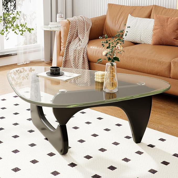 Coffee Table for Living Room Mid Century Modern Center Table with Glass Top, 32 Inch, Black/Transparent