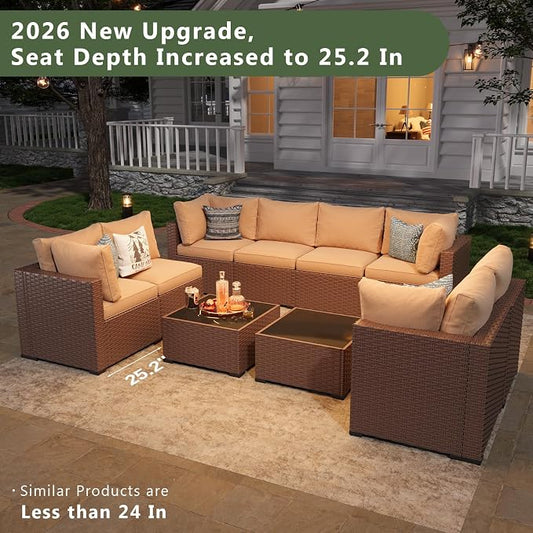 Aoxun 10 Piece Patio Furniture Set Wicker Rattan Patio Sectional Sofa Set Outdoor Seating Furniture with Thickened Cushion, Brown