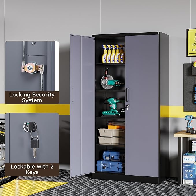 Metal Storage Cabinet with Lock,71" Garage Cabinets with 2 Doors and 4 Adjustable Shelves, Steel Locking Caninets Tall Tool Storage Caninet, Lockable File Cabnet for Home Office, Pantry