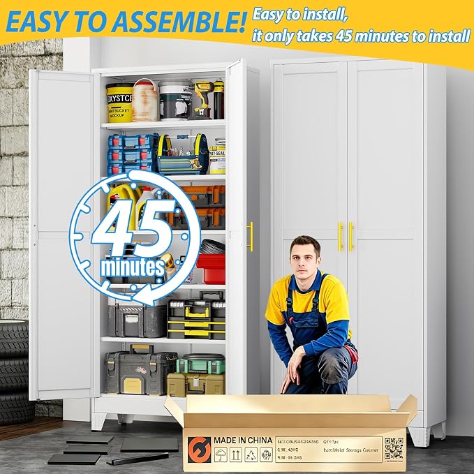 PAOFIN 75" Metal Storage Cabinet with 2 Doors and 5 Adjustable Shelves,White Metal Garage Storage Cabinets, File Cabinet,Steel Tool Cabinets for Home,Office,Garage,School,Warehouse
