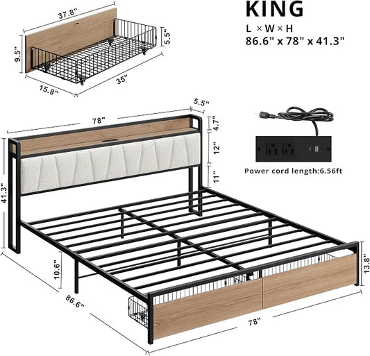 LIKIMIO King Size Bed Frame with 2 Drawers and Charging Station | Platform Bed with Upholstered Storage Headboard, No Box Spring Needed, Easy Assembly, Sturdy, Wood and Cream