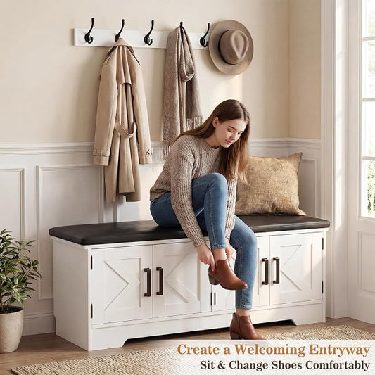 Farmhouse Shoe Storage Bench with Cushion - 43.3" Entryway Bench with Storage & 4 Barn Doors, 2-Tier Wooden Shoe Rack Bench, Hidden Shoe Cabinet & Mudroom Bench for Bedroom Hallway Living Room, White