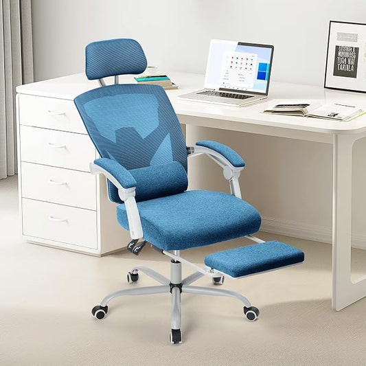 Sweetcrispy Office Computer Desk Chair Set of 2, Ergonomic High-Back Mesh Rolling Work Swivel Chairs with Wheels, Comfortable Lumbar Support, Comfy Arms for Home, Bedroom, Study, Student, Blue
