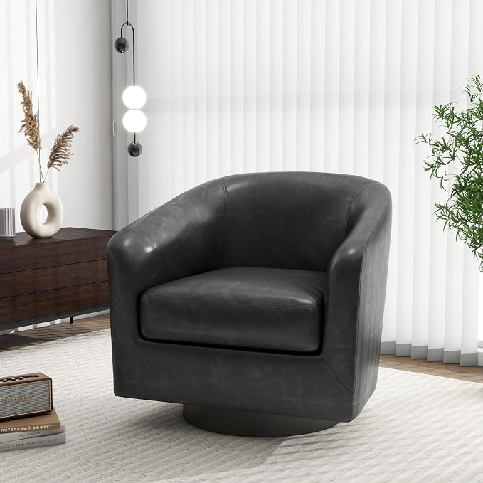 Swivel Barrel Accent Chair, Modern Round Faux Leather Arm Chair for Living Room, Bedroom, Comfy Club Reading Chairs for Adults(Faux Leather, Black, Set of 4)