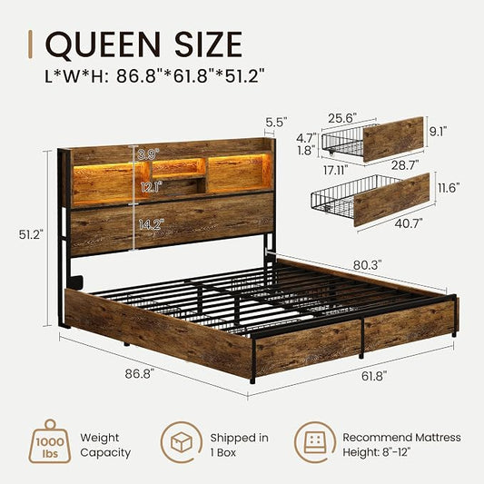 BRELTAM Queen Storage Bed Frame with 6 Drawers, USB Charging Station, No Noise, No Box Spring Required, Vintage Brown Headboard Platform Bed