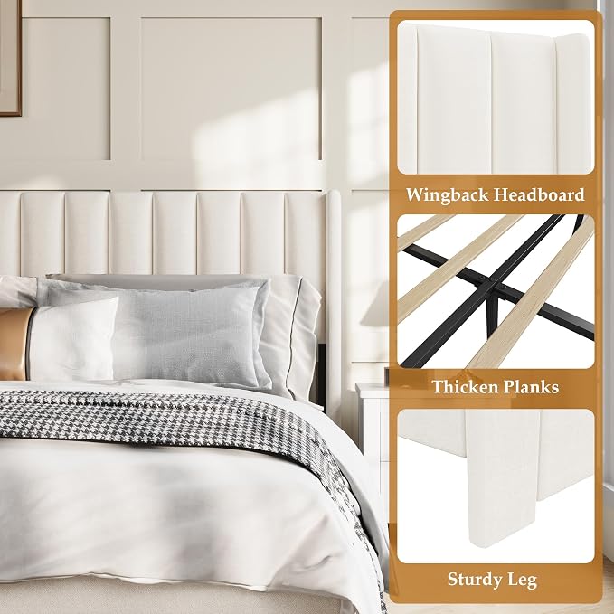 IDEALHOUSE King Bed Frame with Wingback Headboard, Velvet Upholstered Platform Bed with 2 Storage Drawers, Vertical Tufted Headboard Design, Wooden Slats Support, No Box Spring Needed, Beige