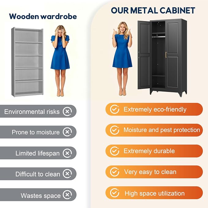 UNICOLY Armoire Wardrobe Closet with Doors, 71'' Wardrobe Cabinet with Hanging Rod, Metal Closet with 2 Adjustable Shelves for Bedroom School, Employee, Gym, Armarios De Ropa para Dormitorio, Black