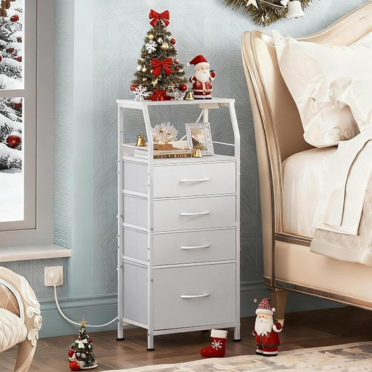 WLIVE Night Stand with Charger Station, White Nightstand with LED Light and 4 Storage Drawers, Tall Dresser for Bedroom, 37.48" H Bedside Table with Fabric Bins, Wood Shelf