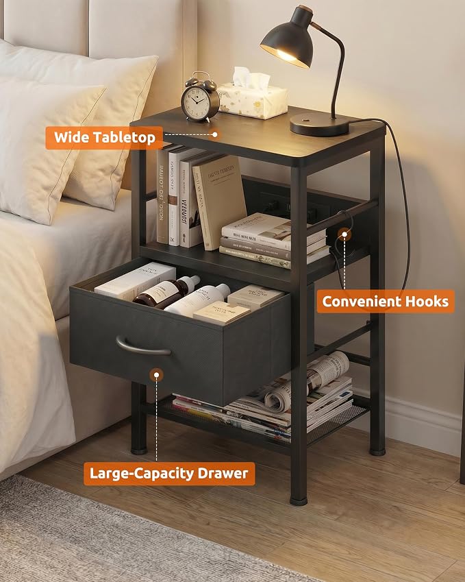 Lazzanto Nightstands Set of 2 with Charging Station, Bedside Tables with Open Shelf & Hooks, End Tables with USB-C USB-A Ports AC Outlets, Night Stand for Bedroom with Fabric Drawer, Black