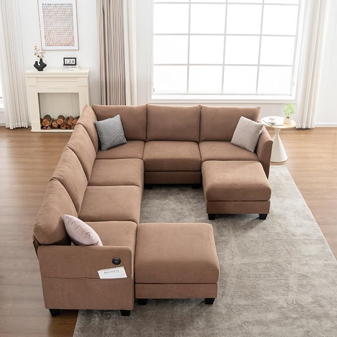 122.8" Large Sectional Couches for Living Room, 6 Seater L Shaped Modular Sectional Sofa with Two Storage Ottomans & USB, Oversized Corner Couch for Living Room(Brown)