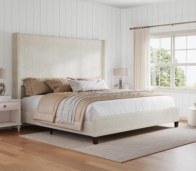 HOWE Queen Size Bed Frame with 61.4" Extra Tall Headboard, Corduroy Upholstered Bed with Vertical Wingback Headboard, No Box Spring Needed/Noise Free/Solid Wood Slats & Legs/Cream