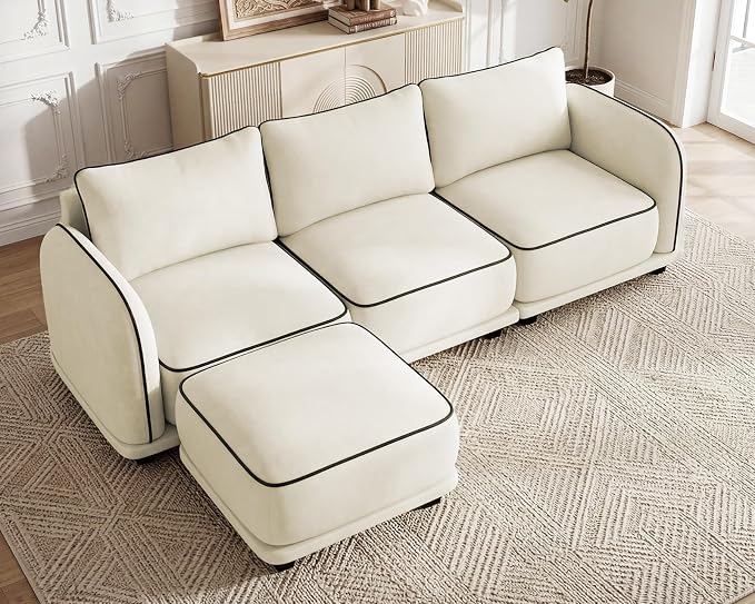 104 Inch L Shaped Modular Sectional Sofa, 4 Seater Modern Cloud Chenille Comfy Couch with Movable Ottoman & 3 Back Pillows, Oversized Comfy L Shape Couch for Living Room, Bedroom, Apartment, Beige