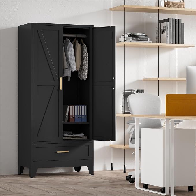 Washsemba 71'' Black Farmhouse Metal Wardrobe Cabinet with Hanging Rod, 2 Barn Door Wardrobe Closet with Adjustable Shelves,Drawer,for Dining Room,Bedroom,Living Room, Cloak Room,Office