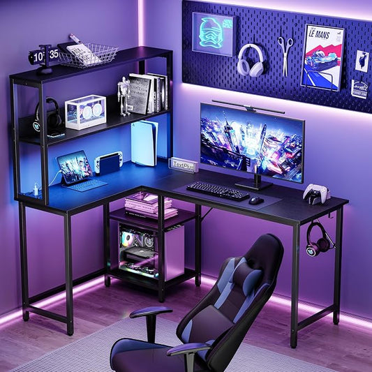 DUMOS L Shaped Desk Gaming Desk with LED & Power Outlet 53 in Reversible Corner Computer Table with Adjustable Shelf & CPU Stand, Home Office Writing Table, Black