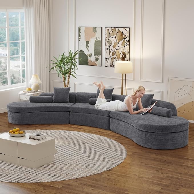 AVZEAR Curved Modular Sectional Sofa, Chenille Upholstered Cloud 6 Seater Couch for Living Room, No Assembly Modern Love Seat Sofa with 3 Bolster Pillows & 3 Square Pillows, High-Density Foam, Gray