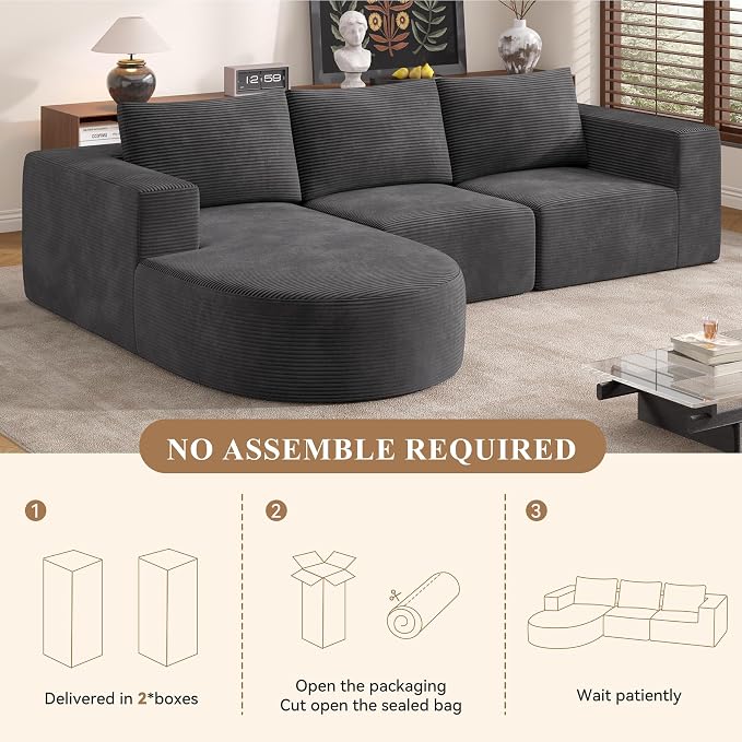 L-Shaped Boneless Couch,104" Couches for Living Room with Curved Chaise,Modular Sectional Sofa with Deep Seat,Modern Cozy Cloud Compression Sofas,No Assembly Required(Gray) 1PCS