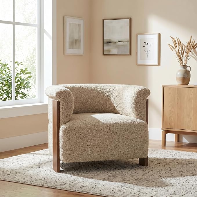 Merax 31.7" Mid-Century Teddy Fleece Barrel Accent Chair, Brown | Brown Teddy Fleece Upholstered Armchair, Modern Wraparound Lounge Chair for Living Room, Bedroom, Entryway
