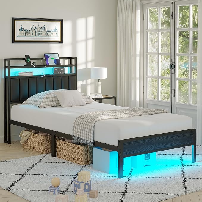 Twin Size Bed Frame with Upholstered Headboard and 2-Tier Storage Shelves | Metal / Charging Station / LED Lights / Under Bed Storage / Non-slip/ Noise Free / No Box Spring Needed / Black