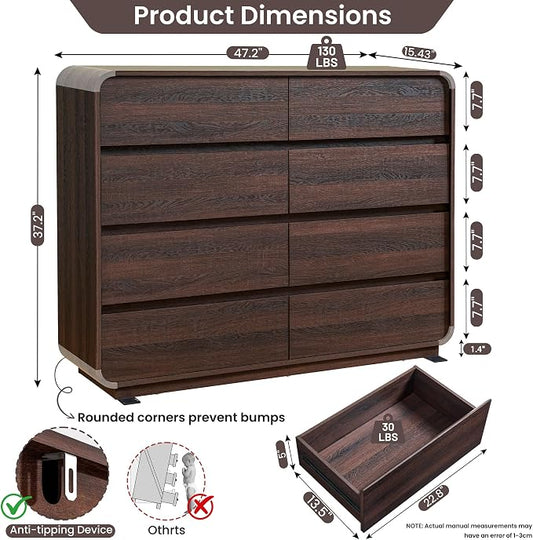 Standifurno Modern 8 Drawer Dresser, 47- Inch Wood Chest of Drawers with Large Storage, Walnut Dresser Closet for Bedroom, Living Room, Nursery.