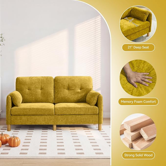 65" Loveseat Sofa, Mid Century Loveseat Couch for Living Room with Storage Pockets, Upholstered Small Loveseat for Small Spaces, Bedroom, Home Office, Apartments, Small Sofa Chenille Yellow