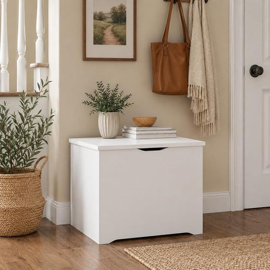Furinno Basic Storage Chest, Storage Bench with Safety Hinged Soft Closed Lid, Storage Box, 15.6 x 23.6 x 18, for Living Room, Bedroom, Entryway, Living Room, White