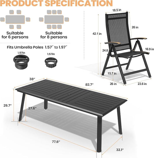 Pellebant 9 Pieces Aluminum Patio Table and Chairs Set - 83" Rectangular Table and Foldable Chairs Outdoor Dining Set with Umbrella Hole, Weather Resistant Sturdy Frame for Deck, Porch & Backyard
