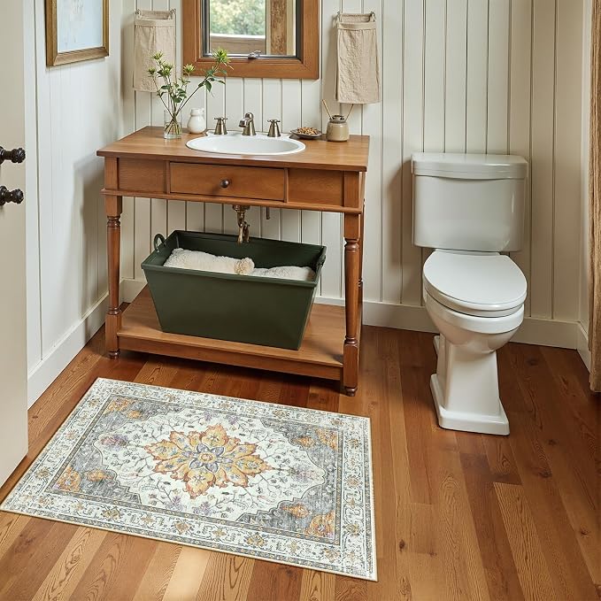 RELEANY Area Rugs Small 2'x3' Washable Non-Slip, Floral Vintage Distress Medallion Carpet for Kitchen Entryway Bathroom, Beige Carbon Grey Orange