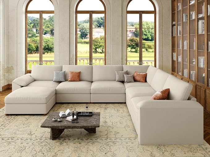 EASE MOOSE Faux Leather Sectional with Ottoman, Oversized Modular Couch, Modular Sectional Sofa with Deep Seat, Scratch Resistant Faux Leather Material, U Shaped Couch for Big Spaces, Beige