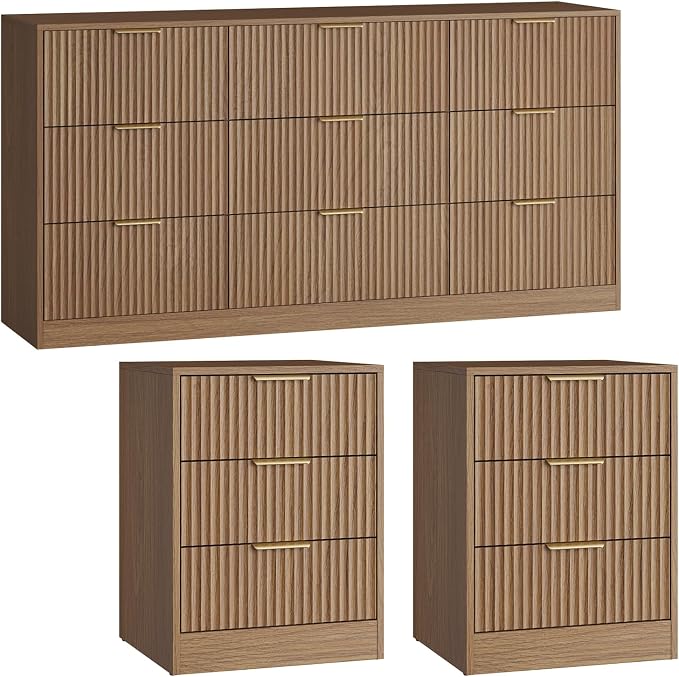 Fluted Dresser & 3 Drawer Nightstand Set 3-Piece, 63” Long 9 Drawer Dresser and Night Stand Set of 2, Fluted Modern Wood Chest of Drawers Storage Dressers Set for Bedroom, Natural Wood