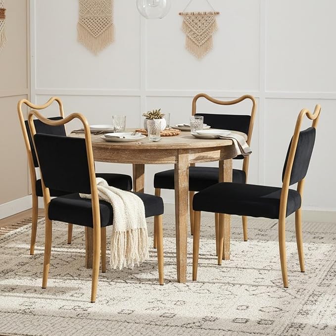 Velvet Dining Chairs Set of 6, Upholstered Dining Chairs with Wood Grained Metal Frame, Mid Century Modern Velvet Chairs for Dining Room, Kitchen and Restaurant,Velvet Black
