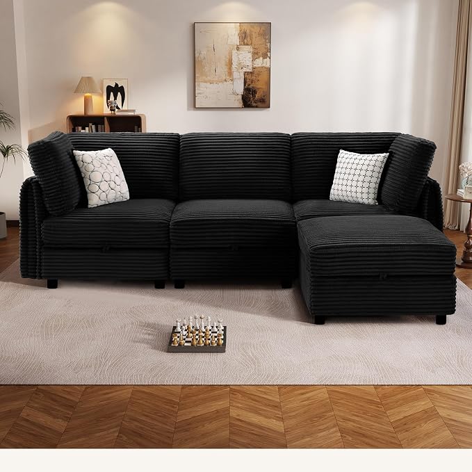 KKL Modular Sectional Sofa L-Shaped 4 Seater Couch with Storage Ottoman, Plush Wide-Wale Corduroy Couch for Living Room, Apartment, Modern Design, Black