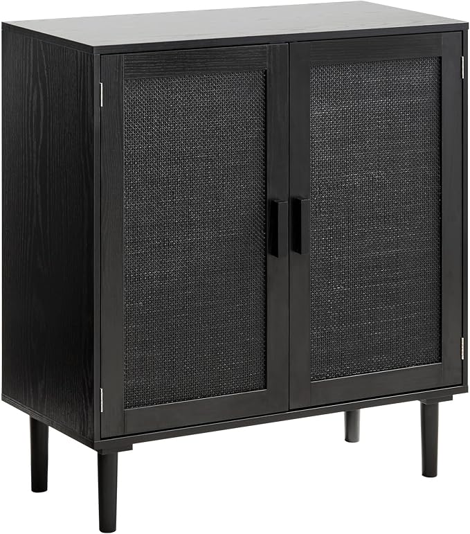VEVOR Buffet Cabinet, Rattan Sideboard Cabinet with 2 Magnetic Doors and Adjustable Shelves, Accent Sideboard Buffet with Wooden Legs & Power Cord Hole for Hallway, Entryway, Kitchen, Black