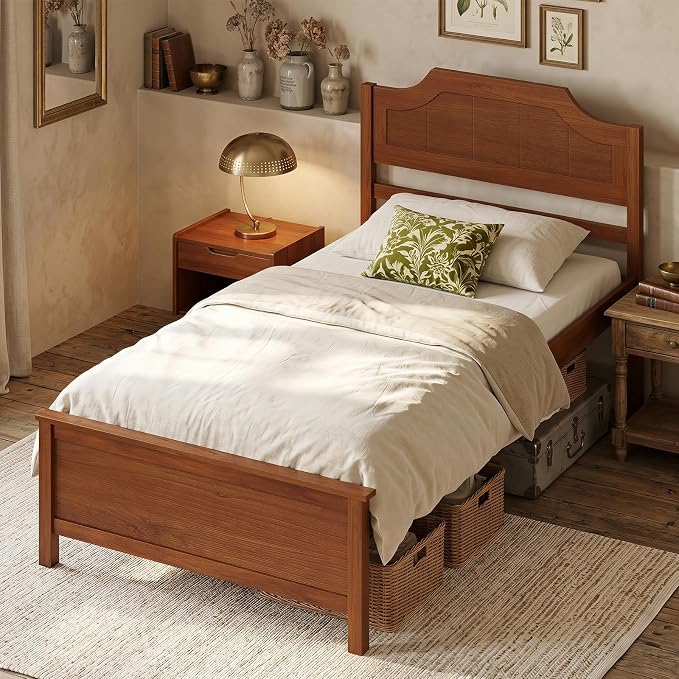Giantex Twin Size Wooden Bed Frame with Headboard, Wood Slat Support | Farmhouse Platform Bed with Heavy Duty Mattress Foundation, Under-Bed Storage, No Box Spring Needed, Easy Assembly (Walnut)